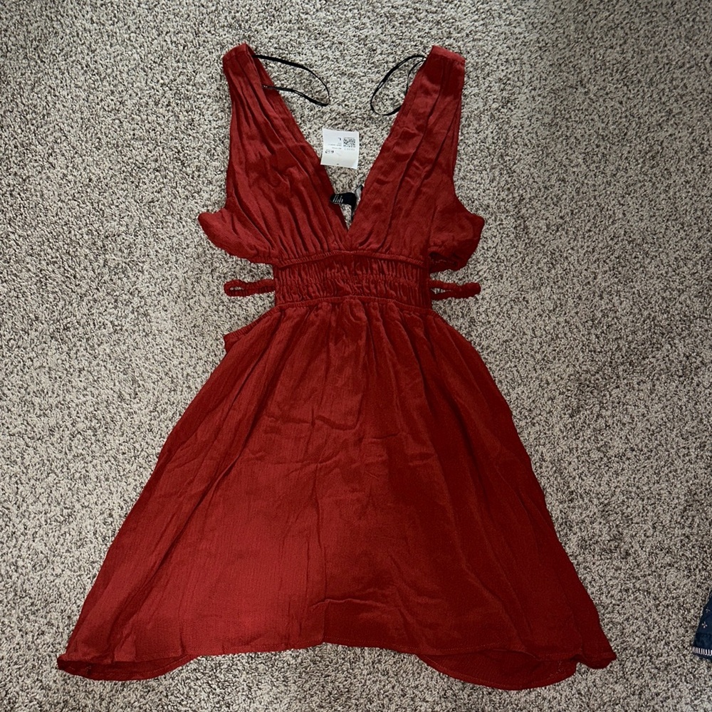 Rust Sleeveless Dress with Deep V-Neck